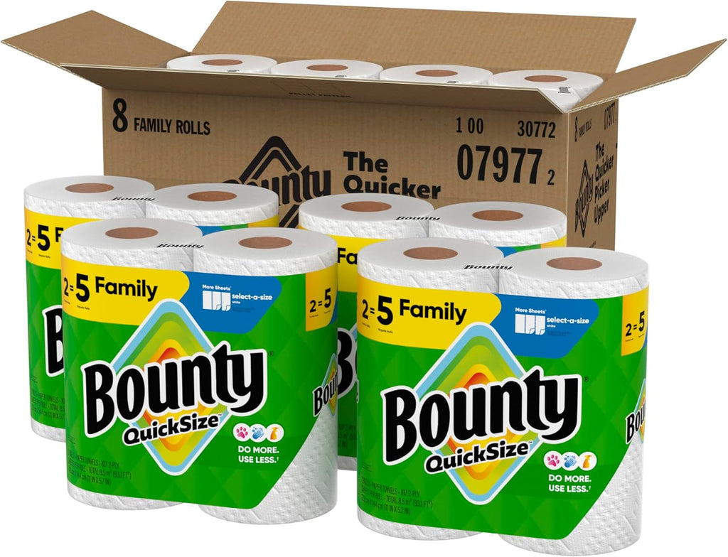 Bounty Quick-Size Paper Towels (Equivalent to 20 Regular Rolls) - Family Pack, White, 8 Rolls