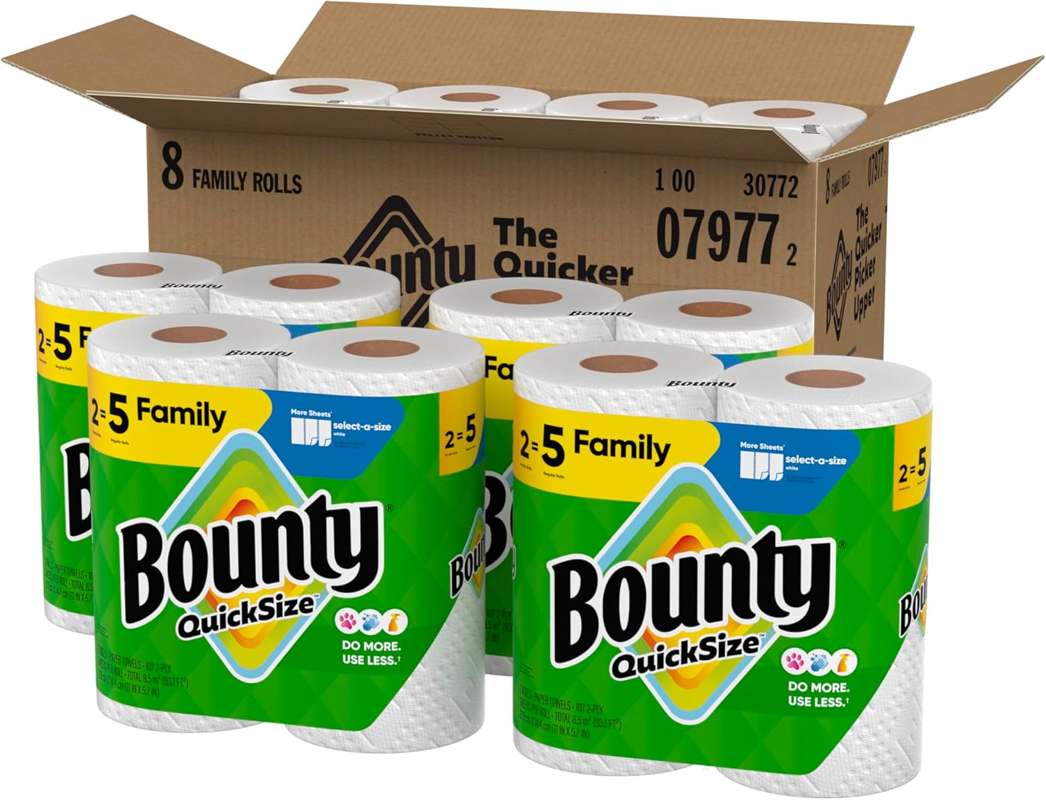 Bounty Quick-Size Paper Towels (Equivalent to 20 Regular Rolls) - Family Pack, White, 8 Rolls
