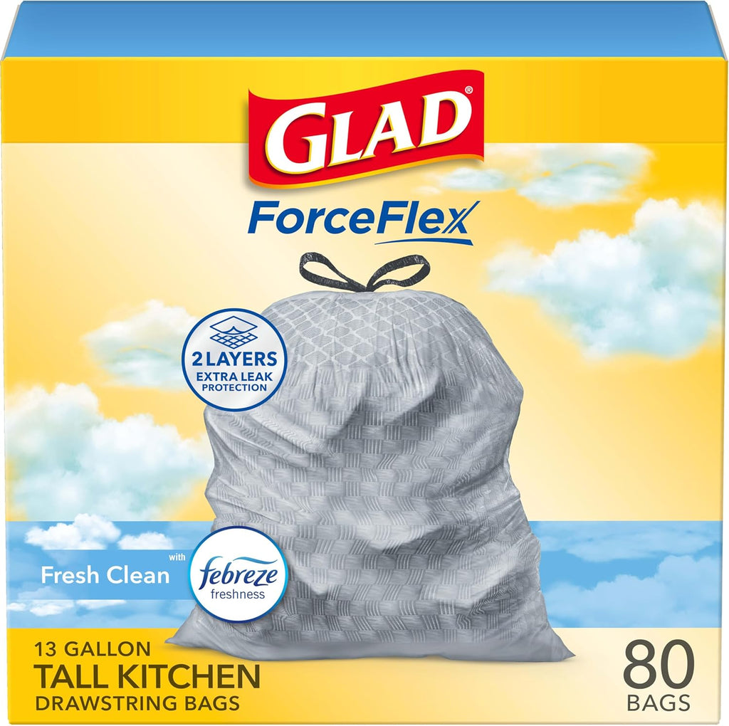 Glad Tall Kitchen Drawstring Trash Bags - Odorshield 13 Gallon White Trash Bag,