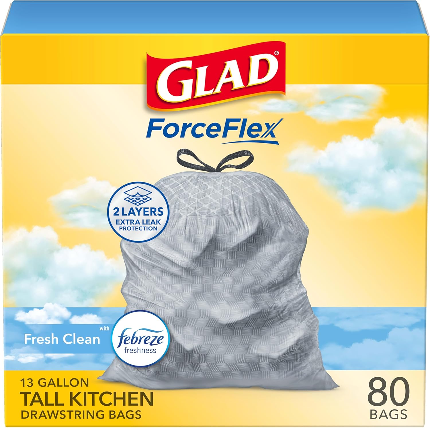 Glad Tall Kitchen Drawstring Trash Bags - Odorshield 13 Gallon White Trash Bag,