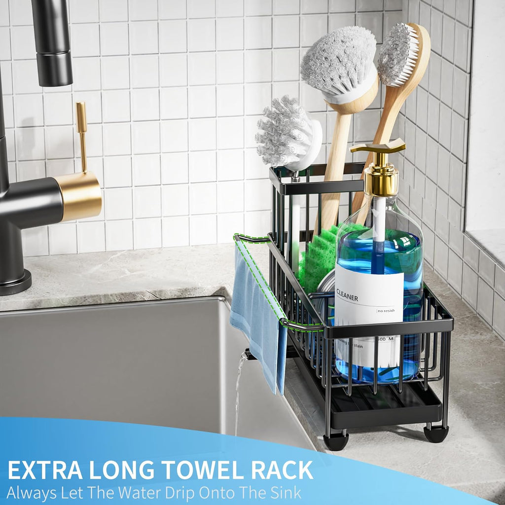 Cisily Black Sponge Holder for Kitchen Sink, Sink Caddy Organizer with High Brush Holder,