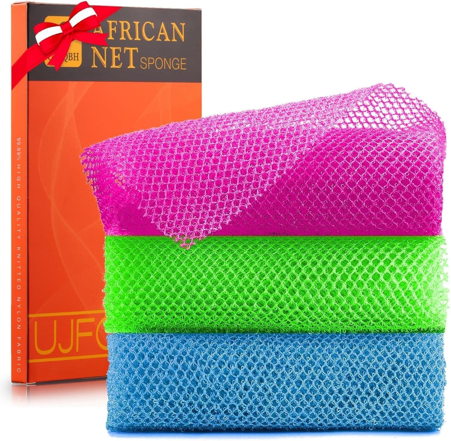 UJFQBH 3 Pieces African Bath Sponge African Net Long Net Bath Sponge Exfoliating Shower Body Scrubber Back Scrubber Skin Smoother