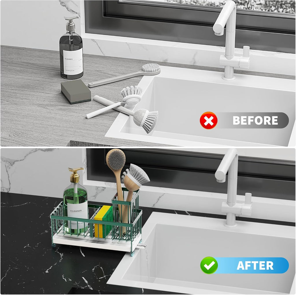 Cisily Black Sponge Holder for Kitchen Sink, Sink Caddy Organizer with High Brush Holder,