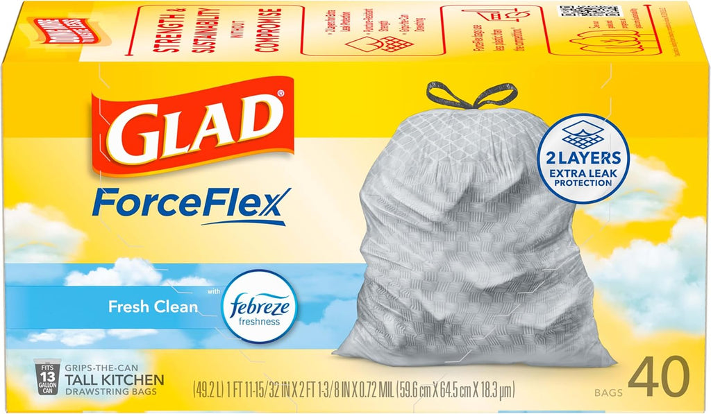 Glad Tall Kitchen Drawstring Trash Bags - Odorshield 13 Gallon White Trash Bag,