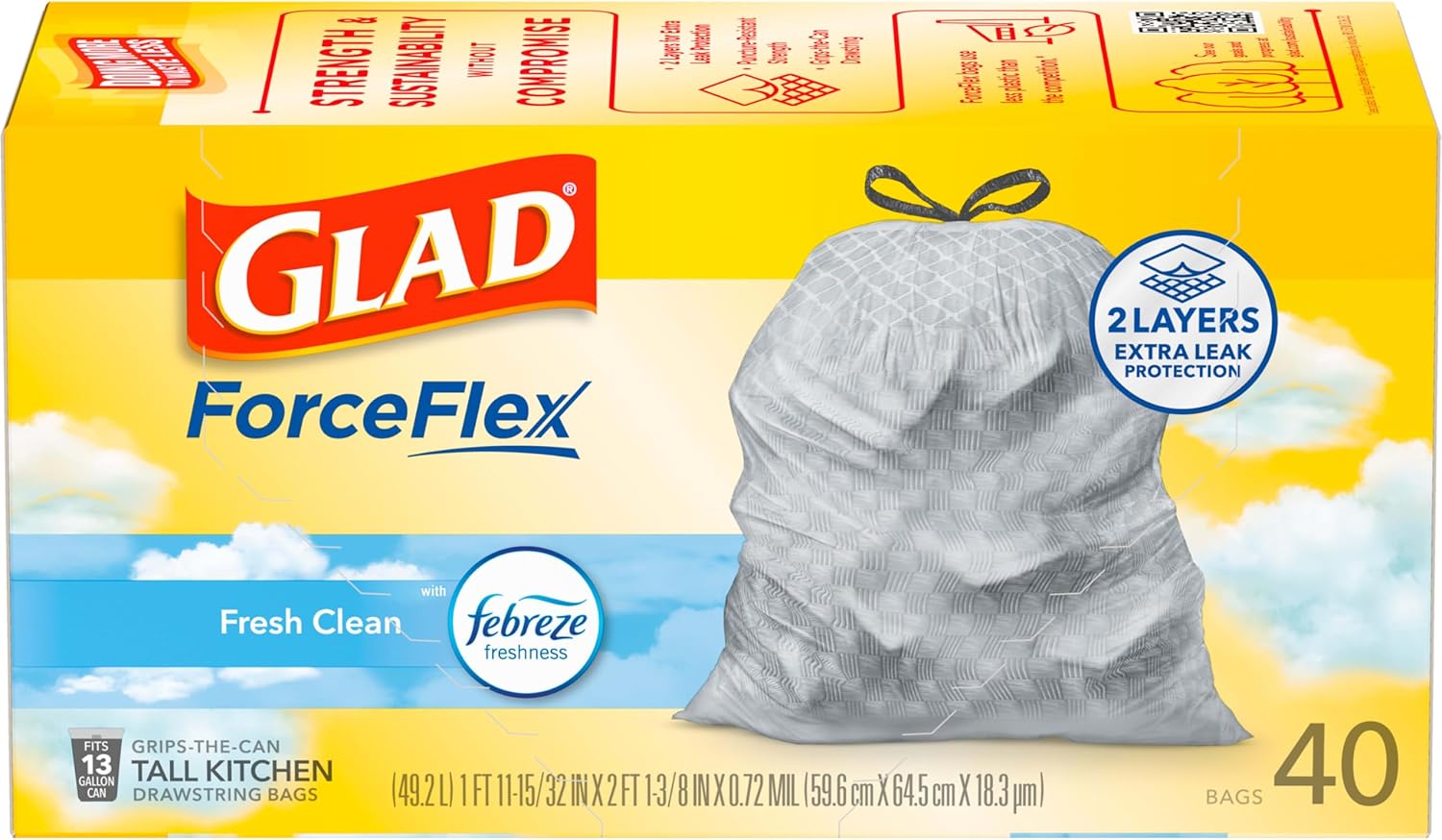 Glad Tall Kitchen Drawstring Trash Bags - Odorshield 13 Gallon White Trash Bag,