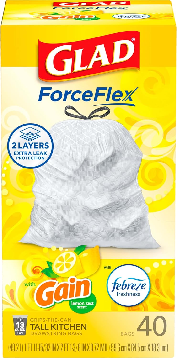 Glad Tall Kitchen Drawstring Trash Bags - Odorshield 13 Gallon White Trash Bag,