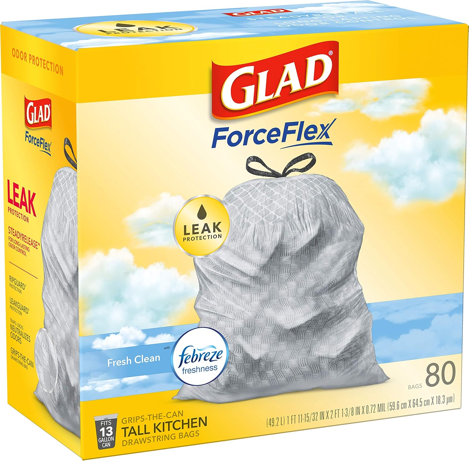 Glad Tall Kitchen Drawstring Trash Bags - Odorshield 13 Gallon White Trash Bag,