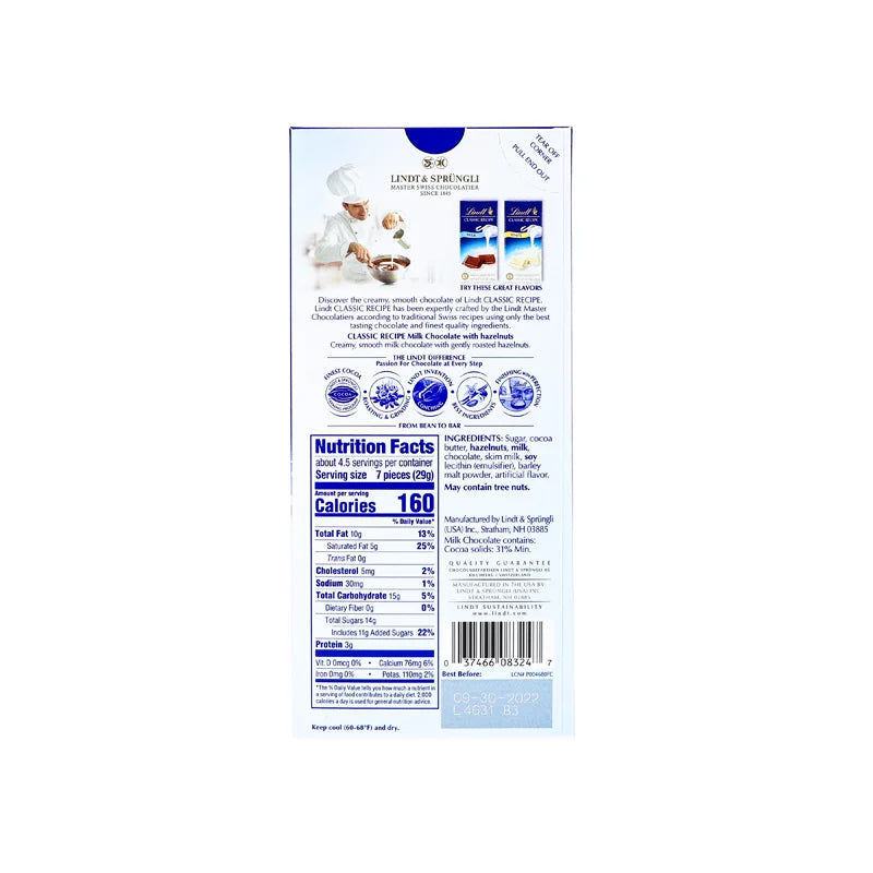 Lindt Tablet Bar Milk Chocolate Hazelnut – 4.4 oz