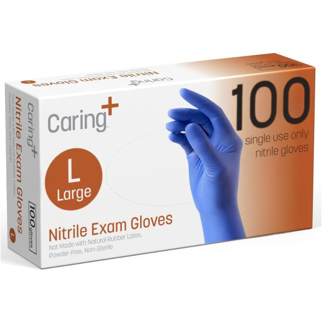 Caring Nitrile Exam Gloves, Blue, Powder-Free, Disposable Gloves for Medical Care, First Aid,