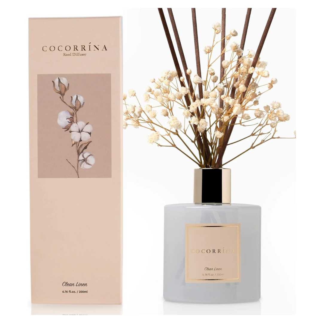 Cocorrína Reed Diffuser Set, 6.7 oz Clean Linen Scented Diffuser with Sticks Home Fragrance Reed Diffuser for Bathroom Shelf Decor